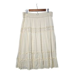 Reba Cream Boho Western Midi A-line Skirt with Smocked and Tiered Design